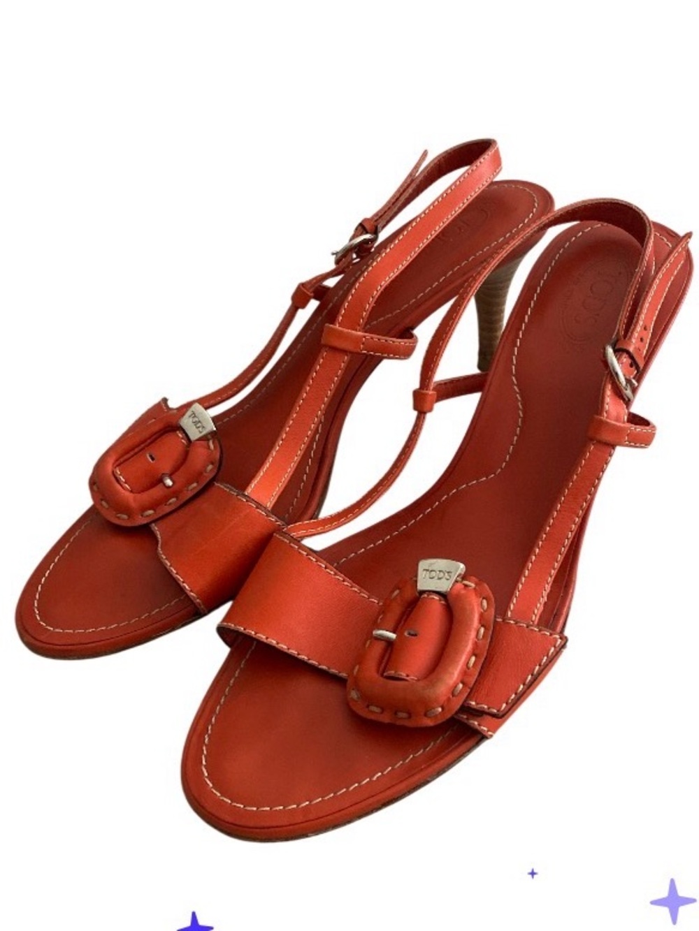 Tod's Leather Slingback Sandals in a vibrant coral-red hue 3” heel size 8